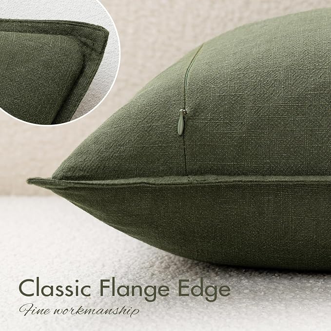 EMEMA Decorative Linen Throw Pillow Covers 18x18 Inch Dark Olive Green | Boho Farmhouse Neutral Couch Throw Pillows for Bed Pack of 2 Accent Pillowcase Modern Sofa Cushion Livingroom Home Decor