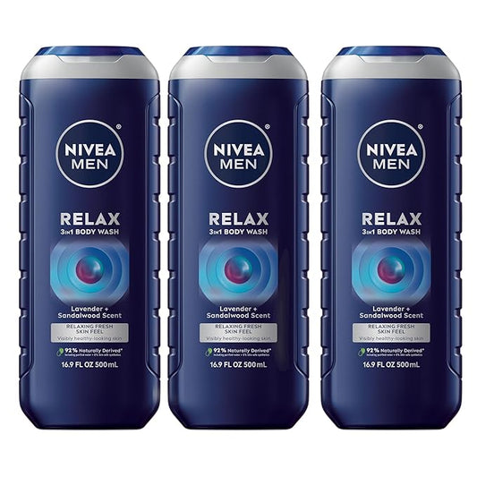 NIVEA MEN Relax Body Wash, Lavender and Sandalwood Scent, 3-in-1 Men's Body Wash, Face and Hair, Paraben Free, Vegan Formula, pH-Skin Friendly, 16.9 Fl Oz Bottle, Pack of 3