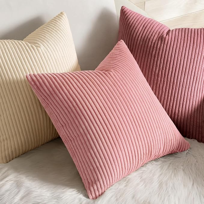 MIULEE Decorative Corduroy Throw Pillow Covers Set of 2 18x18 Beige | Soft Striped Textured Cushion Cases, Boho Square Pillowcases Neutral Home Decor, for Couch Chair Sofa Bed Living Room