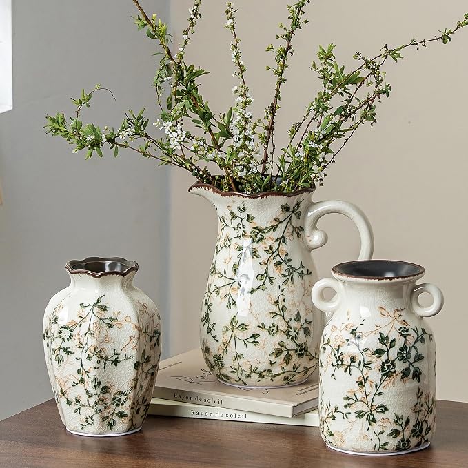 Ceramic Flower Vase Set for Home Decor, Vintage Green Vase (6+6+7 Inch) | Rustic Farmhouse Floral Vase for Kitchen, Bookshelf, Living Room, Coffee Table, Mantel, Entryway, Wedding Centerpiece