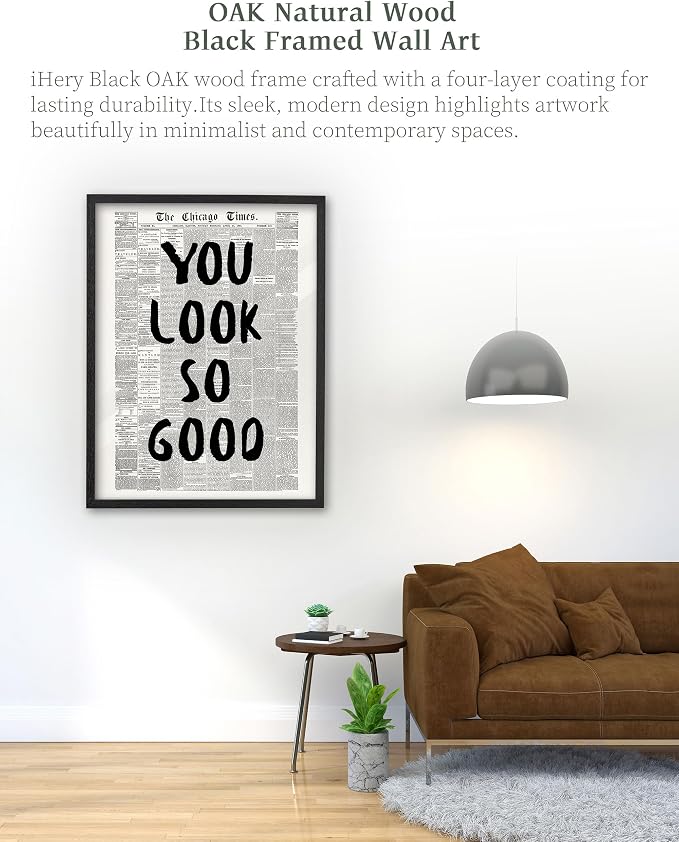 iHery 12x16in You Look So Good Framed Newspaper Wall Art | Premium Black OAK Wood Frame with Canvas Print, Vintage Newspaper Decor for Bedroom, Dorm, Vanity Room Living Room, 1Pack