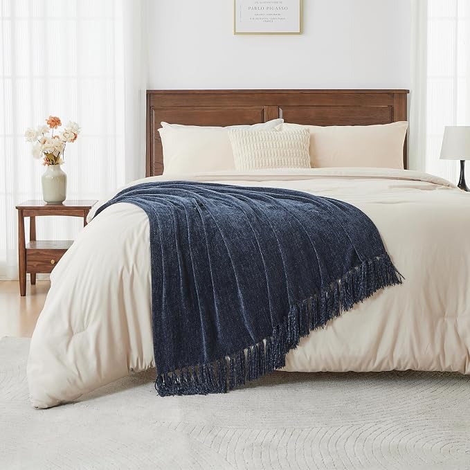 CozeCube Chenille Throw Blanket, Navy Blue Fringe Blanket, 50"X60" | For Couch, Cozy Plush Fuzzy Decorative Blanket with Fringe Tassels, Lightweight Throws for Bed Sofa Gift Home Decor