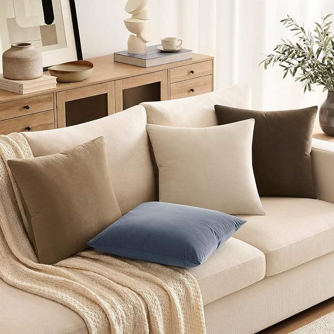 Throw Pillow Covers Set of 2 22x22 Inch Velvet Pillow Covers, Soft Khaki Decorative Covers for Couch Sofa Bed Living Room, Neutral Farmhouse Covers, Home Boho Decor