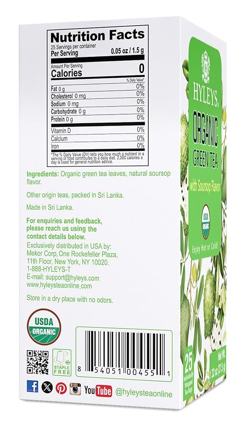 HYLEYS Organic Green Tea with Soursop Flavor, 300 Individually Wrapped Tea Bags (12 Pack of 25) - USDA Organic Graviola Guanabana Tea with Light Caffeine