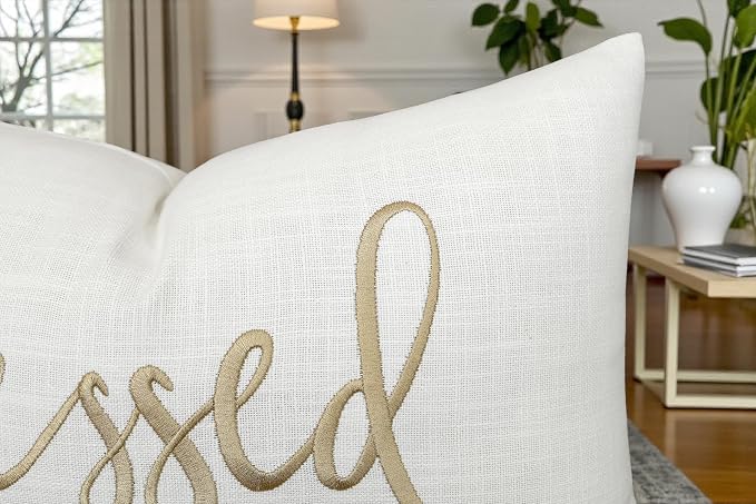 EURASIA DECOR Blessed Embroidered Lumbar Pillow Cover 12x20, Ivory | Raised muted gold script on ivory; scripture faith gift, cotton, hidden zip, solid back, cover only