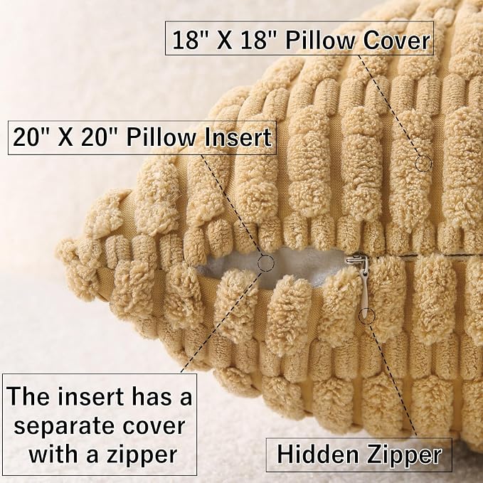 2 Pack Corduroy Decorative Throw Pillow with Inserts, 20x20 Inch Soft Boho Throw Pillow, Square Striped Throw Pillows for Couch, Bed, Sofa Decor (Golden Brown)