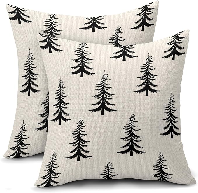 Christmas Pillow Covers 24X24 Inch Set of 2 Rustic Black White Xmas Tree Decorative Pillow Cases Winter Holiday Cotton Linen Cushion Case Farmhouse Home Decor for Sofa Couch Bedroom