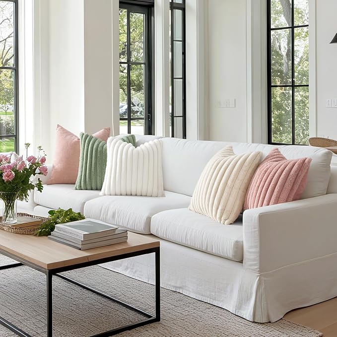 MIULEE Faux Fur Decorative Throw Pillow Covers 18x18 Set of 2 Blush Pink | Modern Cute Soft Plush Couch Pillows, Cozy Fluffy Cushion Covers for Sofa Bed Living Room Home Decor