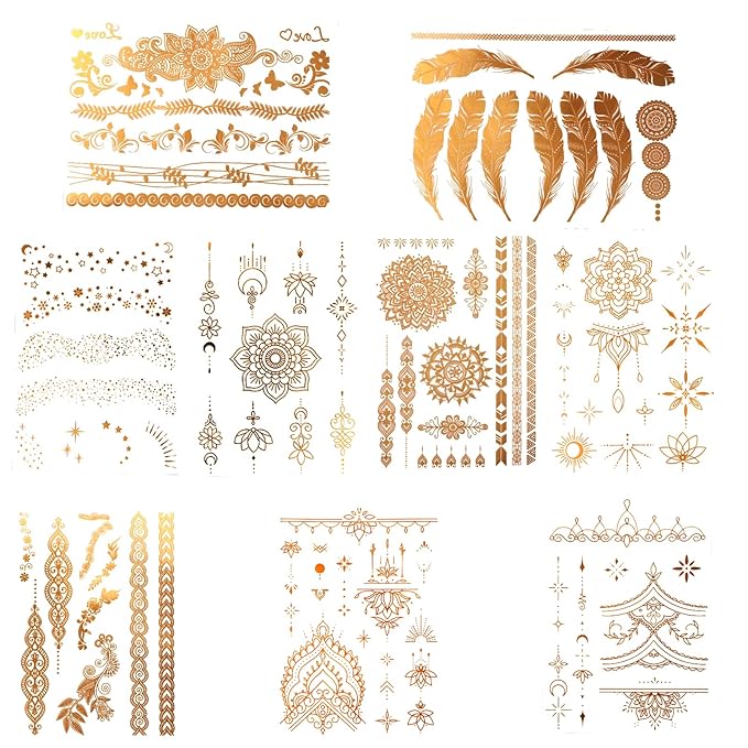 9 Sheets Gold Tattoos Temporary,Lasting Gold Tattoos for Women, Flash Glitter Body Art Temporary Tattoo for Festivals, Parties, and Cosplay Festival Accessories