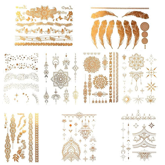 9 Sheets Gold Tattoos Temporary,Lasting Gold Tattoos for Women, Flash Glitter Body Art Temporary Tattoo for Festivals, Parties, and Cosplay Festival Accessories