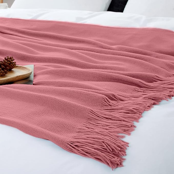 Vonty Dusty Pink Knitted Throw Blanket with Tassels Fringe, 50x60 Acrylic | Super Soft And Lightweight, Year-Round Cozy Warmth, Farmhouse Decorative Style, Machine Washable, for Couch, Sofa or Bed