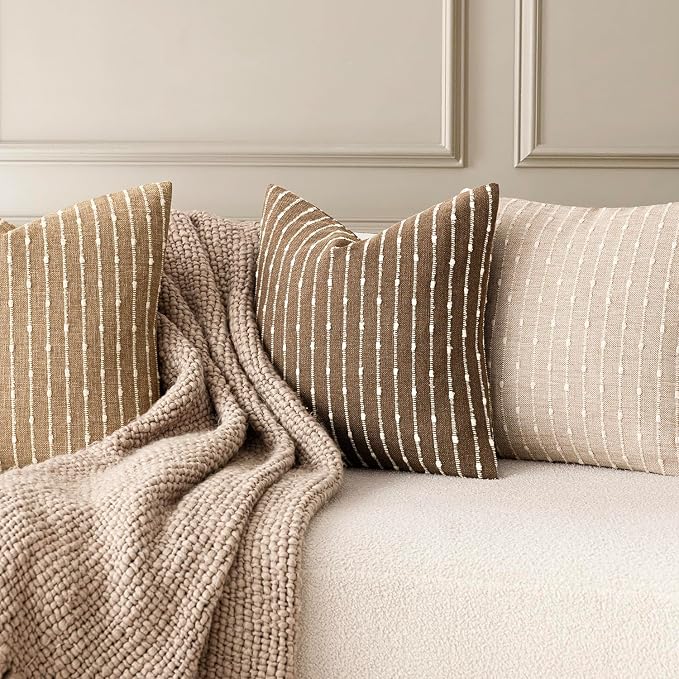 Foindtower Pack of 2 Decorative Jacquard Boucle Throw Pillow Covers Accent Textured Striped Pillowcases Cozy Modern Cushion for Couch Sofa Bedroom Living Room Home Decor 18x18 Inch Brown