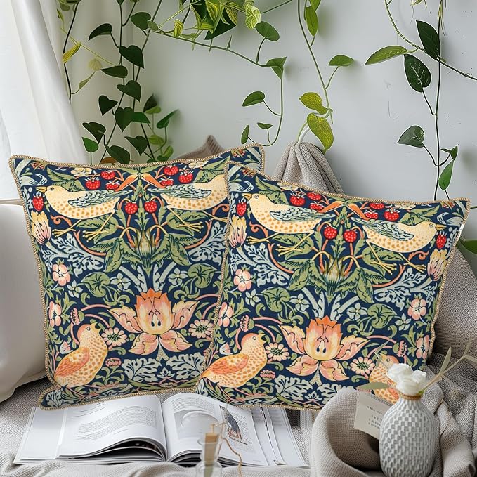 KSLIDS Navy Blue Sage Green Soft Velvet Throw Pillow Covers Set of 2 Red Strawberry Floral Bird Decorative Pillow Covers 20x20 Inch Vintage Chinoiserie Pillow Case for Sofa Couch Farmhouse Home Decor