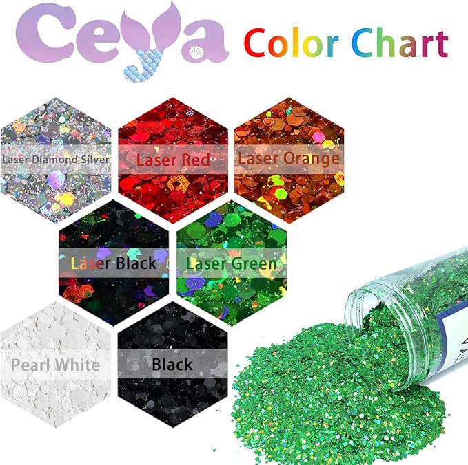 Ceya Holographic Chunky Glitter, 1 LB/ 16OZ Laser Green Bulk Craft Glitter Mixed Chunky Fine Glitter Bottled Metallic Flake Nail Sequins for Resin, Tumblers, Scrapbooking, Festival Decor, Art Project