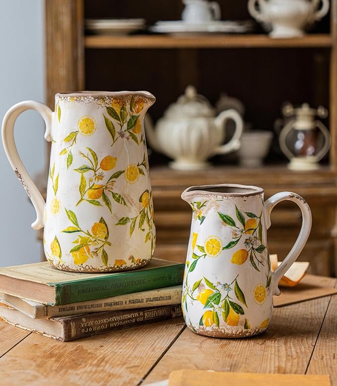 Vintage Lemon Ceramic Vase with Handle, Retro Ice Glazed Crack Farmhouse Pitcher Vase for Home Decor, Living Room, Shelf, Office, Rustic Table Centerpiece 7 Inch