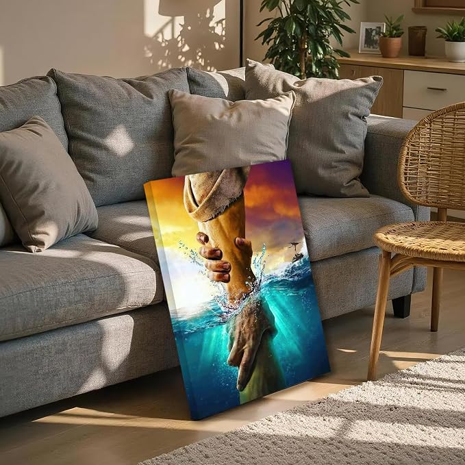Framed Jesus Christ Canvas Wall Art The Hand of God Jesus Reaching Into Water Christian Painting Prints Biblical Wall Decor Religious Room Decor for Church Prayer Room Schools Hospitals 20"x30"