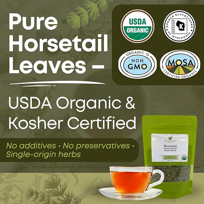 Biokoma Organic Horsetail Herb Tea 50g (Shavegrass) – Supports Healthy Hair, Skin and Nails – USDA Certified Organic Loose Dried Leaves in Resealable Pouch, No Additives, Kosher