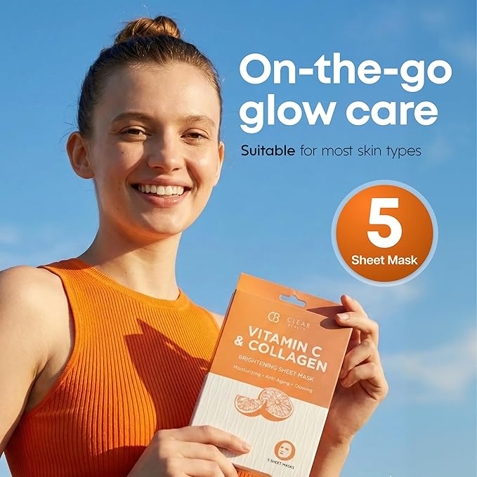 Clear Beauty Vitamin C & Collagen Face Mask – Hydrating & Firming Sheet Masks For Dry, Dull, Aging Skin – Dermatologist Tested, Anti-Aging, Korean Skin Care – Cruelty-Free Clean Beauty – 5 Count