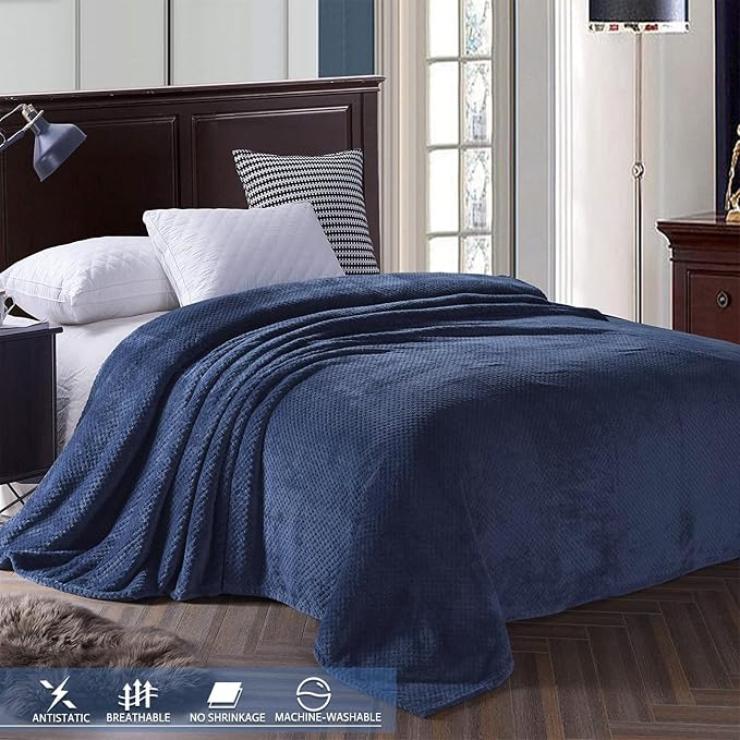 Exclusivo Mezcla Soft Waffle Fleece Bed Blanket Twin XL Size, Navy | Lightweight Plush Blanket for Bed, Couch, Sofa, Cozy Fluffy Design for Bedroom, Guest Room, All Season, 90x66 Inches
