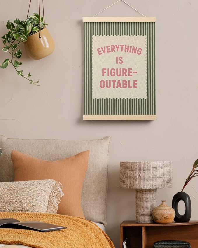FGFK Everything Is Figureoutable Inspirational Wall Art Poster Hanger Frame, Retro Pink and Green Positive Affirmations Canvas Prints Framed Wall Decor for Home Classroom Office, 12x16 Inch