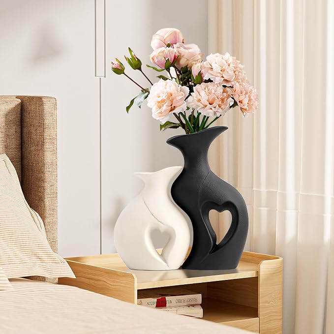 XL Black and White Vase Set of 2, Heart Shaped Ceramic Flower Vase | Home Decor, Minimalist Decorative, Modern, For Wedding Dining Living Room Office Coffee Table Centerpiece H 10.1 inches