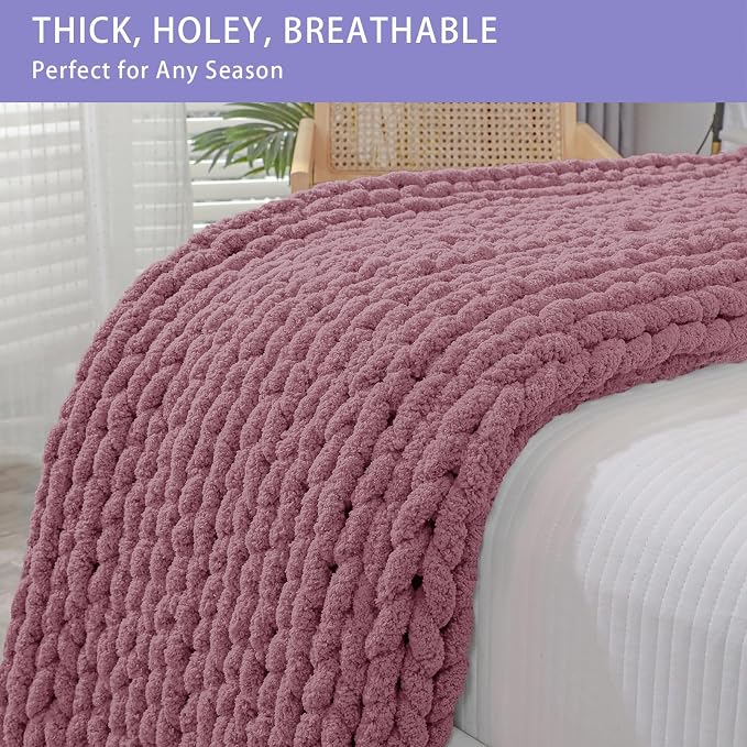 Bigacogo Chunky Knit Throw Blanket for Couch, 40x60 inches, Burnt Rose | Hand Knit with Jumbo Chenille, Soft Breathable Cable Knit for Sofa Bed Living Room, Machine Washable, Gift for Mom Friend
