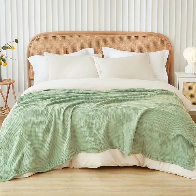 EMME Cotton Muslin King Blanket 4 Layer, Ultra Soft Breathable Bed Layering Bedspread Coverlet Breathable Gauze Lightweight (Sage Green, 108"x90")
