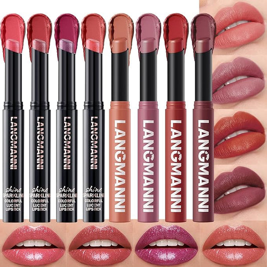 Jolilab 8Pcs Glitter Lip Kit - Velvet Matte & Nude Matte Lipstick + Glitter Lip Gloss/Glitter Lipstick High Pigmented Long-Lasting Waterproof Beauty Cosmetics Gift for Women Girls(SET F)