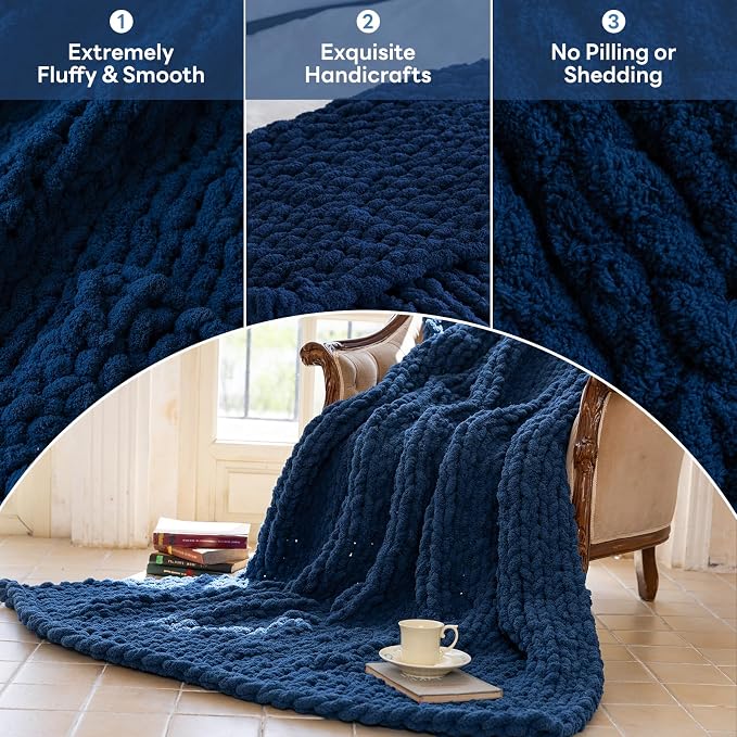 Chunky Knit Blanket - Luxury Soft Cozy 60 * 80 Throw Blanket,100% Woven Blanket Rope Knot Throw Blanket for Couch, Sofa, Home Decor, Gift - Machine Washable (Deep Blue, 60 * 80)