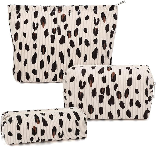 3 Pcs Makeup Bag Cosmetic Bag Set for Girls Women Travel Organizer Bathroom Toiletry Pouch Large Capacity Storage Bag (Leopard Beige)