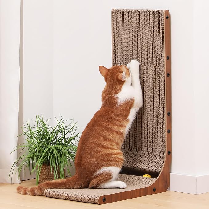 FUKUMARU Cat Scratcher for Indoor Cats, 26.8 Inch Cat Scratch Pad L Shaped | Cardboard Cat Scratcher, Vertical Cat Scratching Board with Ball Toy, Walnut Color, 1 Pack