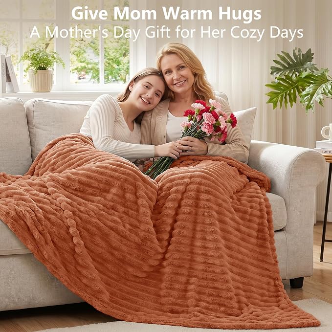 Burnt Orange Throw Blanket for Couch & Bed, 50 x 60 Inch | 300GSM Ribbed Fleece Blanket, Soft, Cozy & Lightweight, OEKO-TEX Certified, All-Season Use for Travel, Dorm & Home Decor