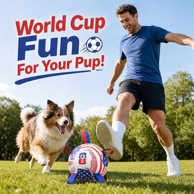 Dog Soccer Ball with Straps, 7.25 Inch Herding Dog Ball Toys World Cup Dog Toy, Balls for 30-90lbs Dogs, Outdoor Dog Toy for Medium Large Puppy, Interactive Toy for Tug, Water Toy Ball,U.S.A