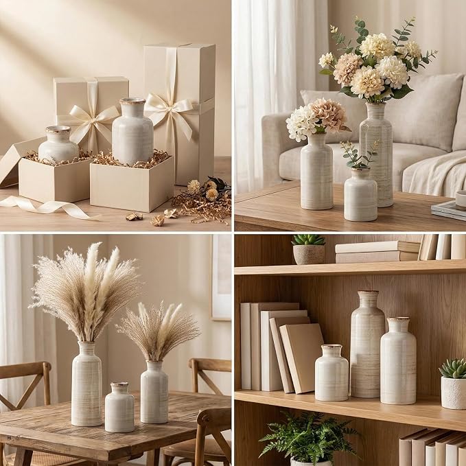 3Pcs White Rustic Ceramic Vases, Farmhouse Vases for Home Decor | Decorative Vases for Dining Table, Living Room, Kitchen, Bedroom, Shelf, Fireplace