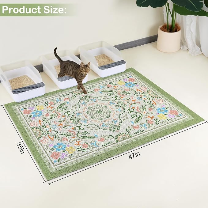 Glittme Cat Litter Mat, 47"x35" Non-Slip Washable Trapping Mat for Cats | Litter Trapping Mat With Thick PVC Coil To Catch Scatter, Soft On Paws And Waterproof Bottom To Protect Floors