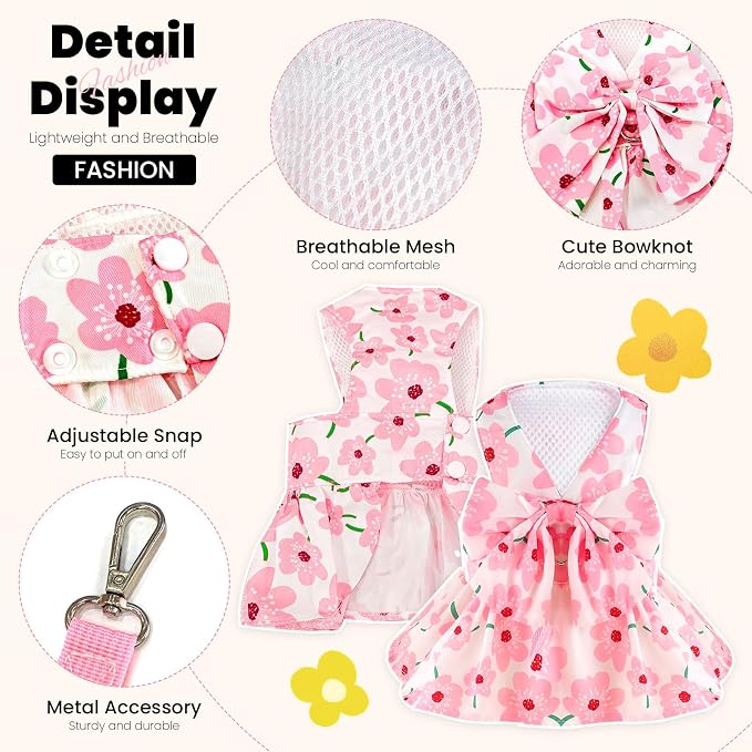 ABRRLO Cute Dog Dress Small Dog Clothes For Girls Female Puppy Outfit Pink Floral Pet Summer Clothes Bowknot Doggy Cat Princess Dress Harness Set for Holiday Birthday Party Costume Clothing (Pink,XXL)