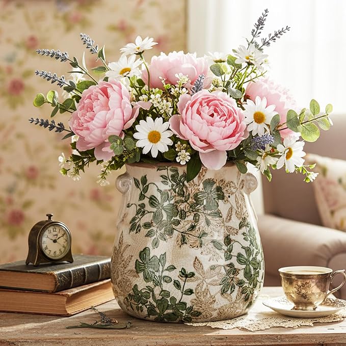 Ceramic Scroll Planter 6.5 Inch Chinoiserie Floral Vase with Drainage Holes Vintage Flower Vase Flower Pot Rustic Ceramic Pots for Indoor Plants Garden Home Bookshelf Decor(Double Green)