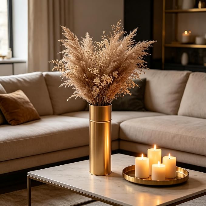 Hosley Gold Metal Tall Floor Vase with PVC Liner, 4-Inch Dia x 14-Inch H, Large Decorative Vase for Home Decor, Ideal for Floral Arrangements, Weddings, Parties, and Living Room Corner Decor