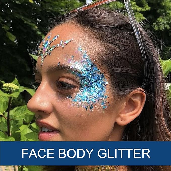 Body Face Glitter Makeup - Christmas Face Glitter Kids Stocking Stuffers, Sparkly Chunky Hair Glitters, Mermaid Birthday Decorations Rave Outfits for Kids (Blue Body Glitter)