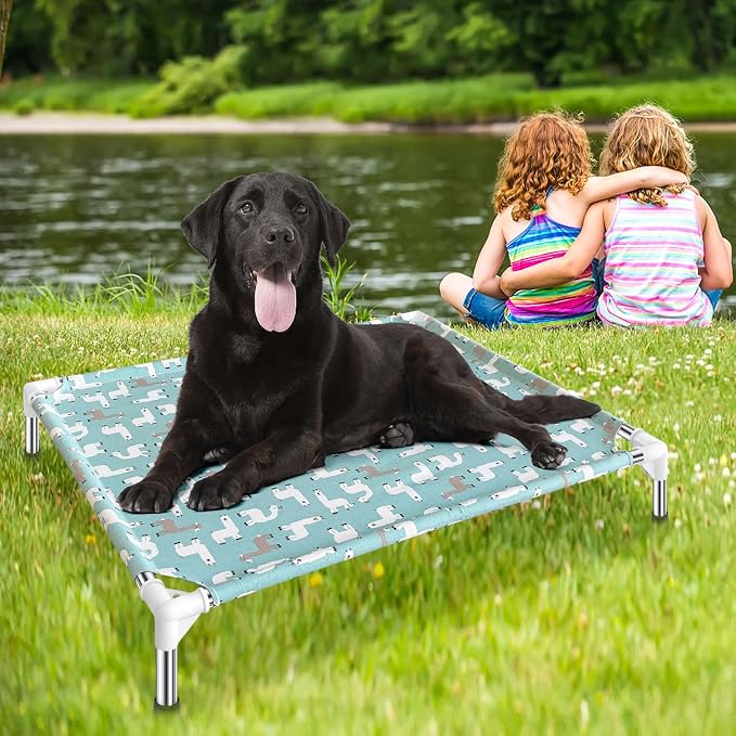 Elevated Dog Bed Pet cot - Pet Bed for Medium Dogs | Raised Pet Bed | Alpaca Print,Indoor and Outdoor ，Breathable Fabric，Stainless Steel Frame, Anti-Slip Feet