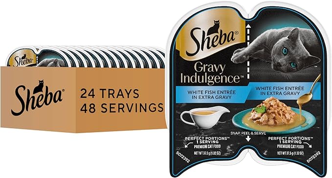Sheba Gravy Indulgence Wet Cat Food, Whitefish Entree, 2.6 oz, 24 Count | Grain-free, 70% gravy, sustainable fish, no fillers or artificial flavors, complete & balanced, twin-pack trays