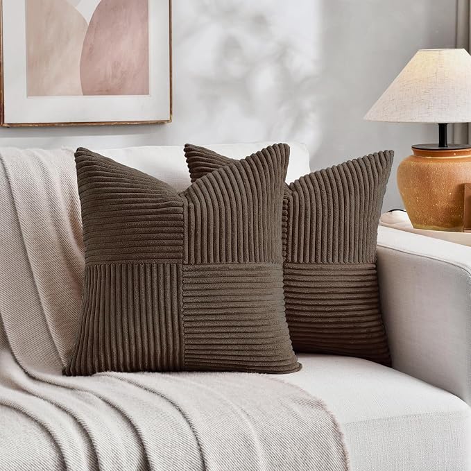 Fancy Homi Set of 1 Dark Brown Square Decorative Throw Pillow Covers 14x14 Inch for Living Room Bedroom Couch Bed Sofa, Soft Striped Corduroy Modern Rectangle Accent Cushion Case 35x35 cm