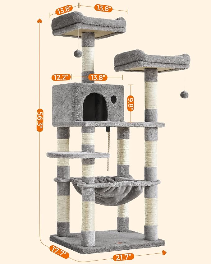 Feandrea Cat Tree, 55.8-Inch Cat Tower, Multi-Level Plush Condo with 11 Scratching Posts, 2 Perches, Hammock, Cave, Light Gray UPCT15W