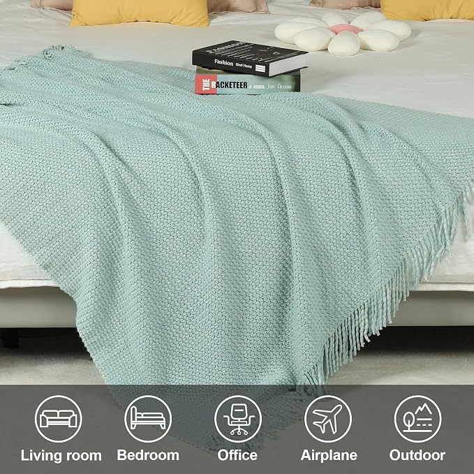 Blagic Wheat Textured Knit Throw Blanket for Couch,Blue and White,50"x60" | Soft Farmhouse Boho Throw Blanket with Tassels,Decorative for Living Room,Gifts for Adults,All Season Use