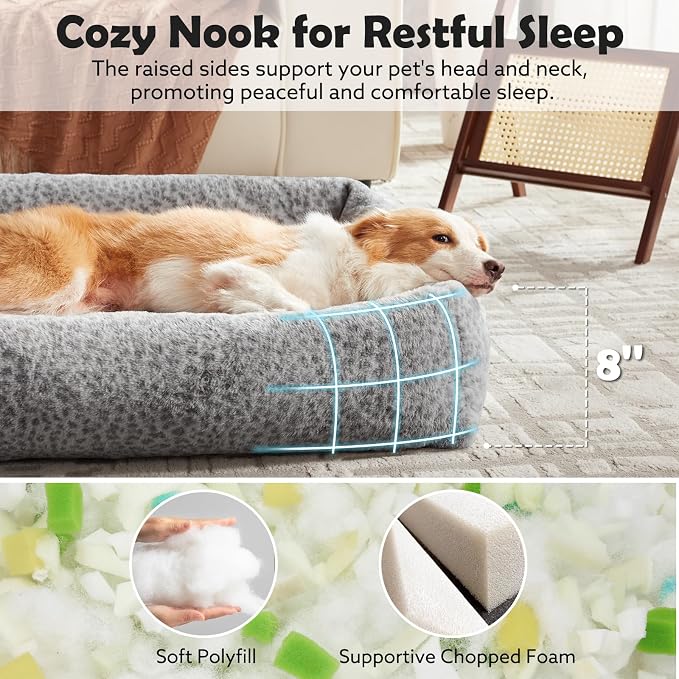 JOEJOY Dog Bed Medium Size Dog, Removable Washable Cover Orthopedic Soft Pet Bed, Anti-Slip Fluffy Plush Faux Rabbit Fur Puppy Bed, 30"x24"x8", Leopard Print, Grey