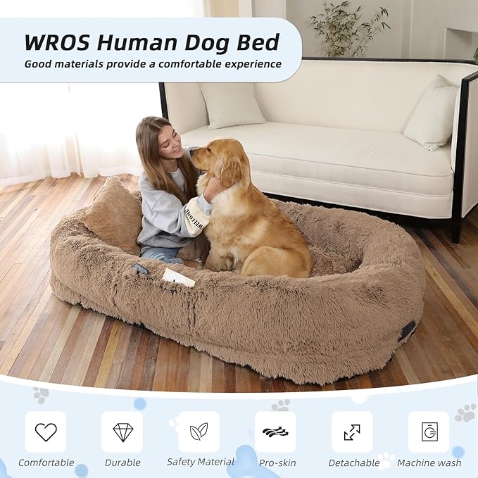 WROS Human Dog Bed for Adult, 71"x45"x12" Giant Calming Nest Beds, Khaki | Washable Soft Faux Fur Cover, Orthopedic Foam Support, Non-slip Bottom, Includes Blanket, Strap & Pillow