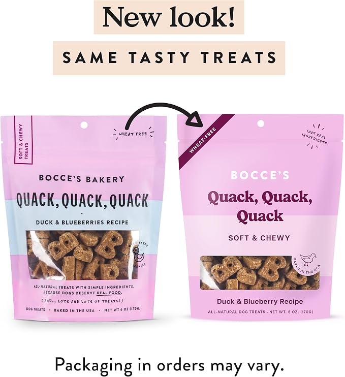 Bocce's Bakery Quack Quack Quack Soft & Chewy Dog Treats (Duck & Blueberry) | Oven Baked, Wheat-Free Everyday Dog Treat Cookies - Made with Real, Limited Ingredients and Baked in The USA (6 oz)
