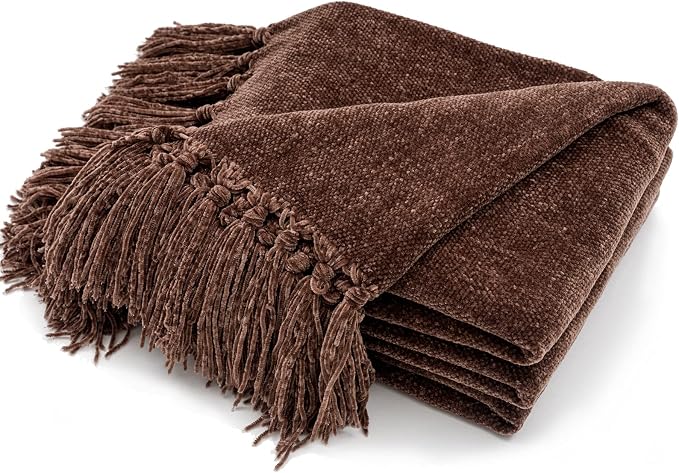 RECYCO Chenille Throw Blanket for Couch, 60"x80", Brown | Super Soft Knit Throw Blanket with Fringe Tassels, Lightweight Knitted Throw, Cozy, Ideal for Sofa Chair Bed Living Room Gift