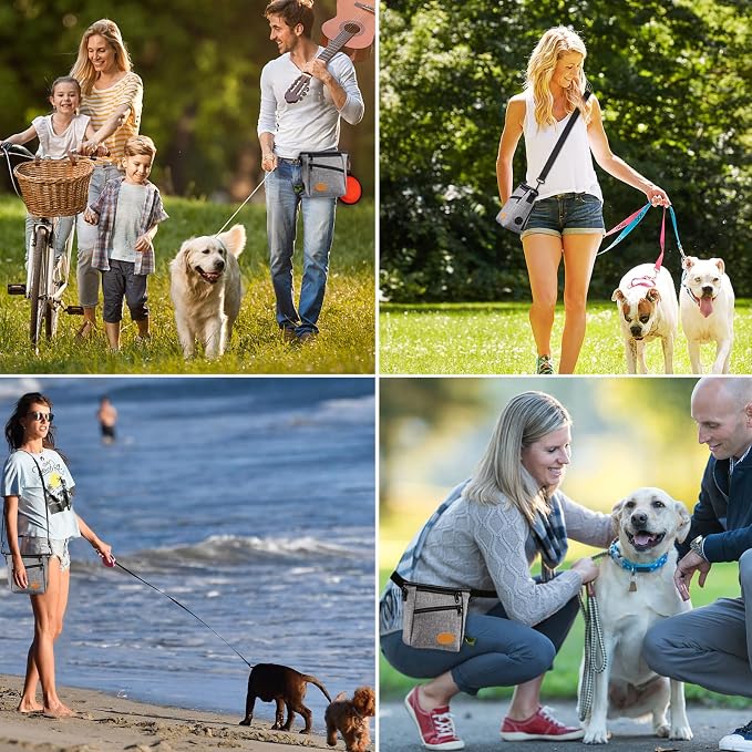 Ownpets Dog Training Pouch with Silicone Liner, Pet Treat Training Pouch with Collapsible Bowl, Shoulder Strap & Waist Strap, 4 Ways to Wear, Walking Fanny Pack for Dog Training - Grey