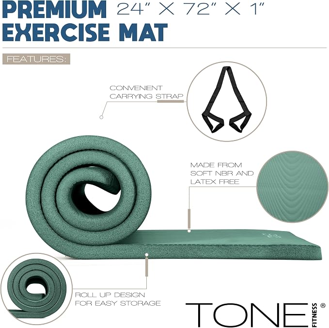 Tone Fitness 1-Inch Thick Yoga Mat | High-Density, Non-slip Exercise Mat with Carrying Strap for Yoga, Pilates, & Home Gym Workouts | Multiple Options